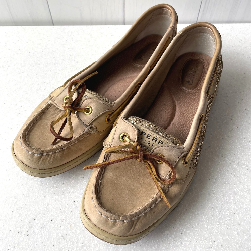 Sperry Top-Sider Angfish Tan Leather Gold Glitter Boat Shoes Womens 9.5M Yacht